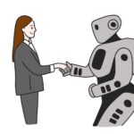 ロボットと握手するOL。