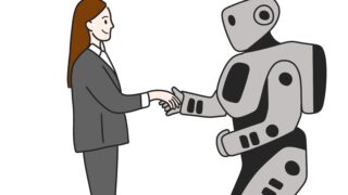 ロボットと握手するOL。