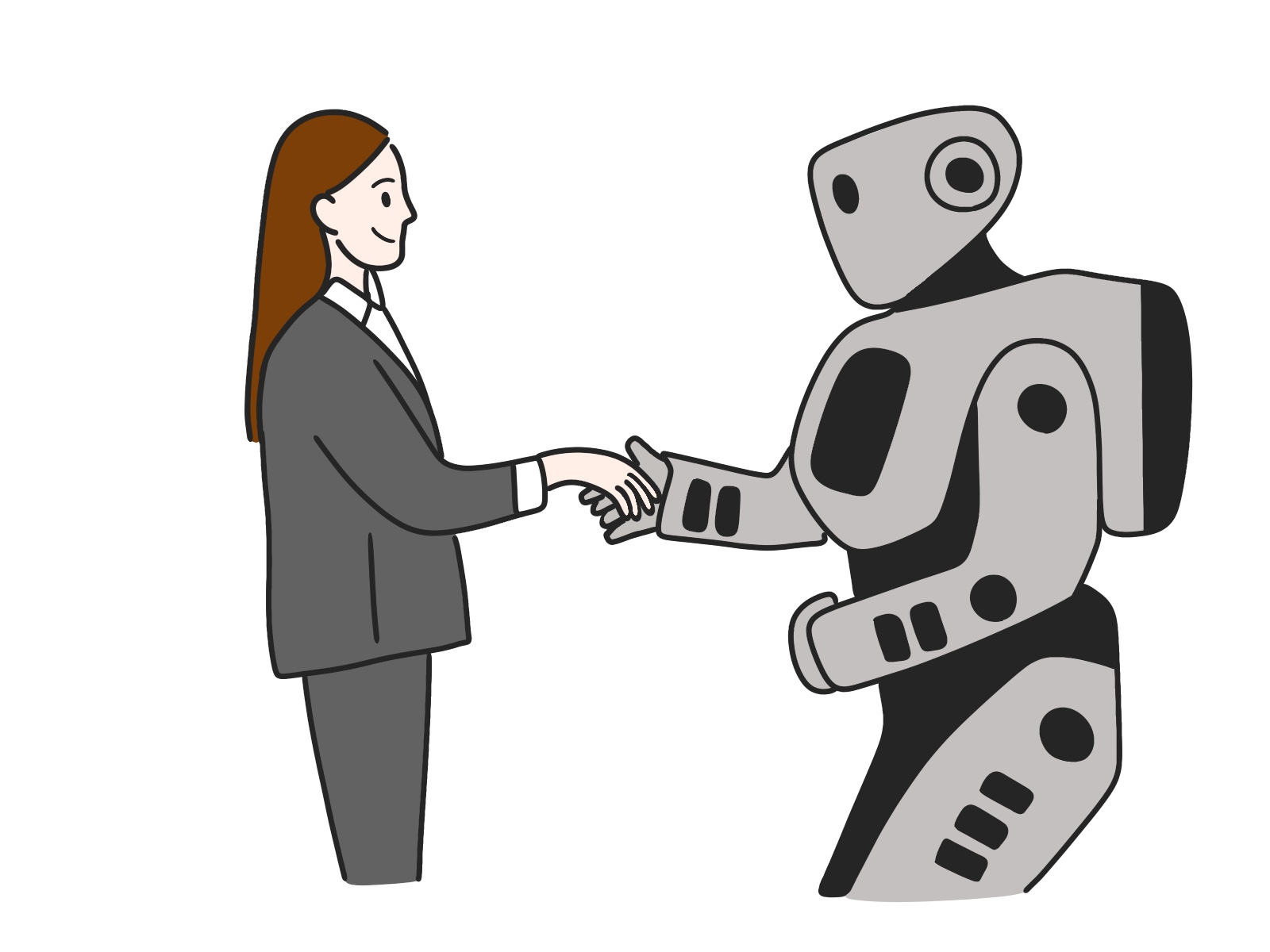 ロボットと握手するOL。